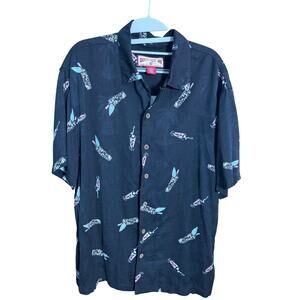 Caribbean Joe Hawaiian Shirt Tiki Cocktail Print Black Button Up Men's L